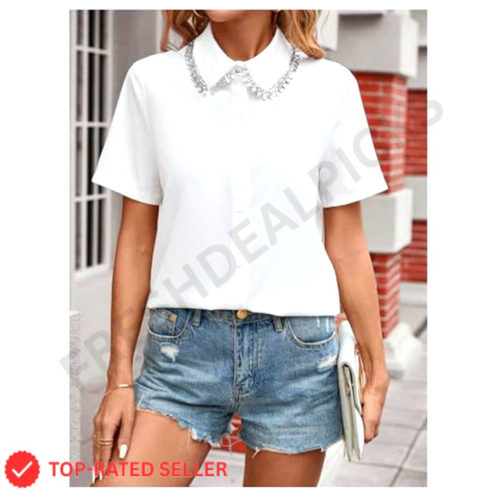 Rhinestone Collared Button Down Blouse Office Wor… - image 4